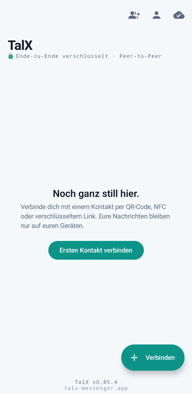 Screenshot aus TalX: Leere Chatliste
