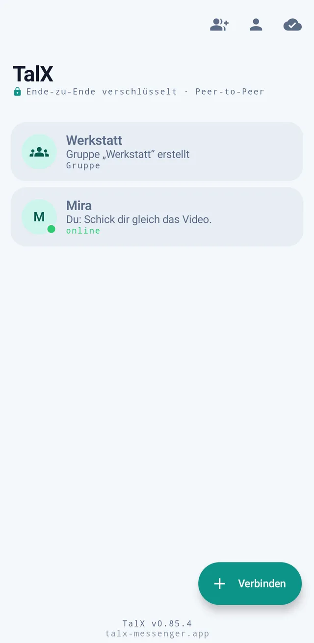 Screenshot aus TalX: Die Chatliste