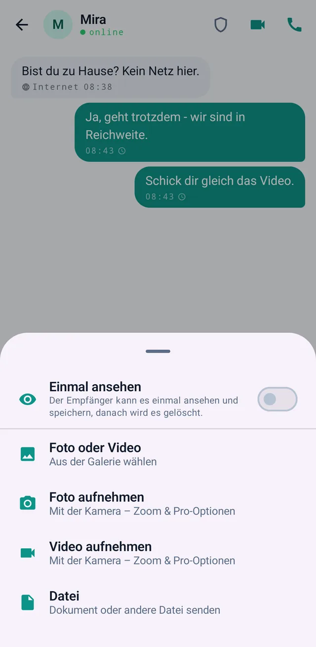 Screenshot aus TalX: Anhänge & „Einmal“