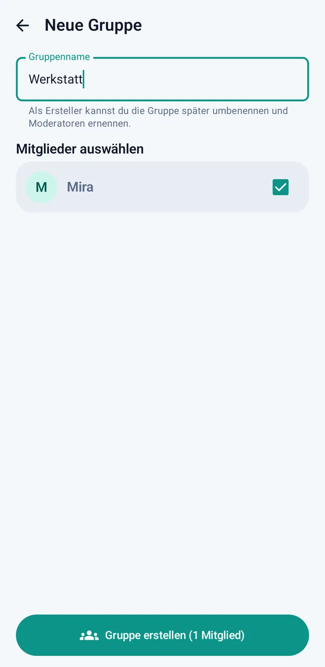 Screenshot aus TalX: Gruppe anlegen
