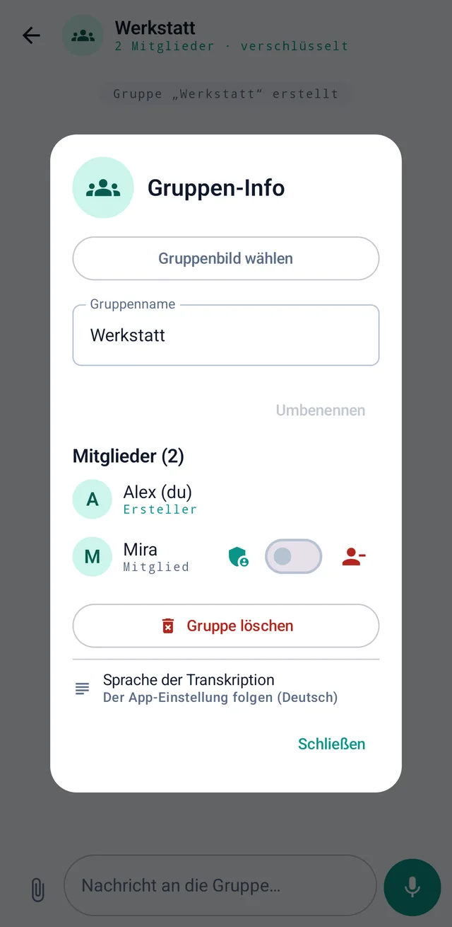 Screenshot aus TalX: Gruppen-Info