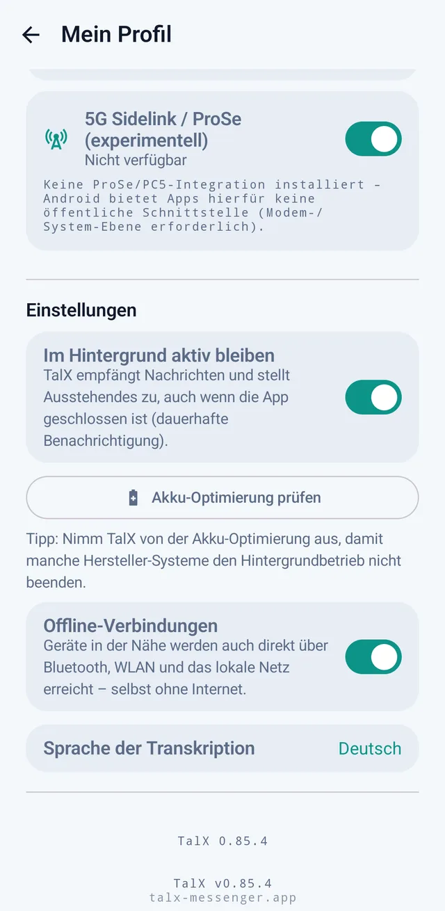 Screenshot aus TalX: Einstellungen